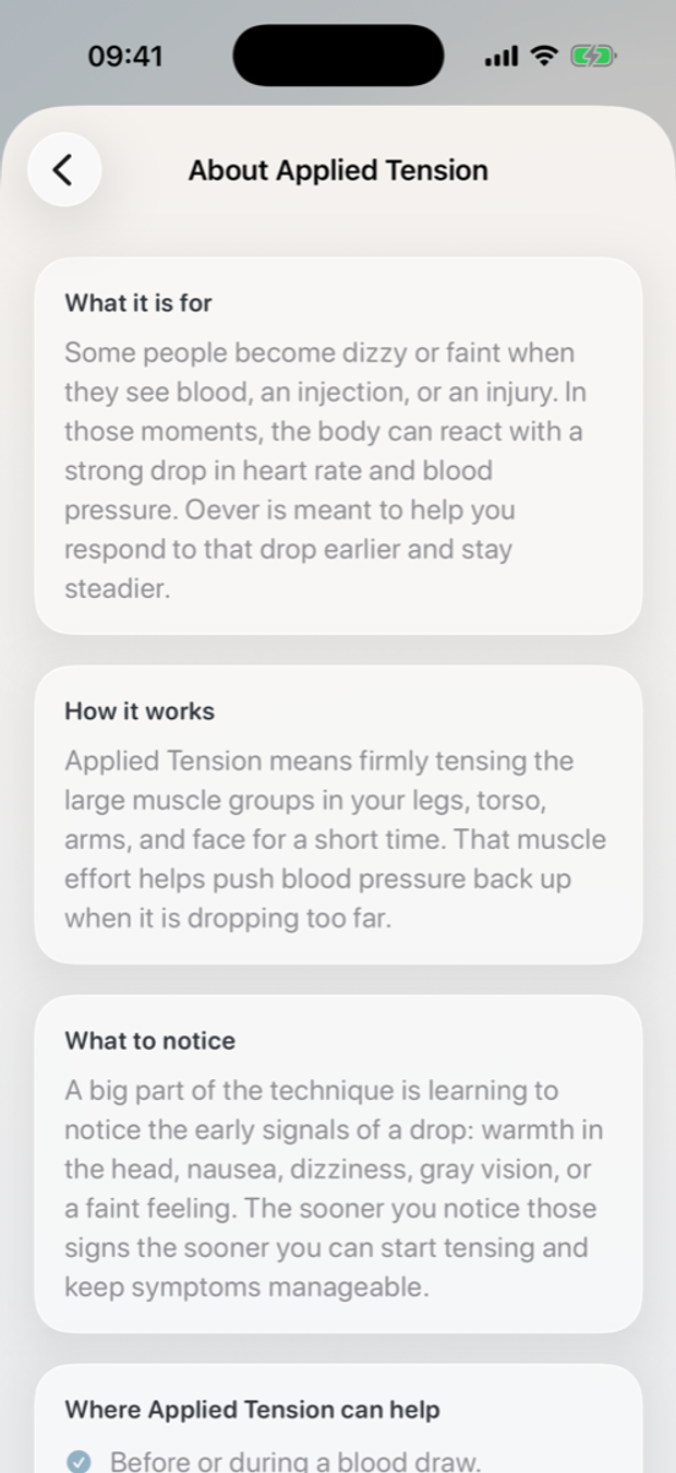 Applied Tension information screen inside the Oever app.