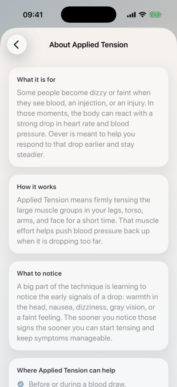 Applied Tension information screen inside the Oever app.