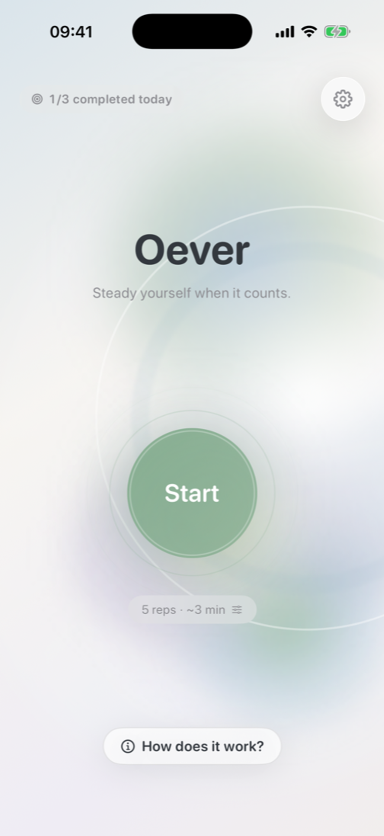 Start screen of the Oever app with a start button for an Applied Tension session.