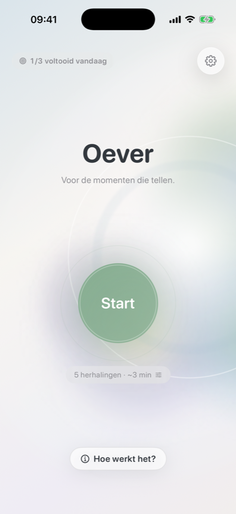 Startscherm van de Oever app met startknop voor een Applied Tension oefensessie.