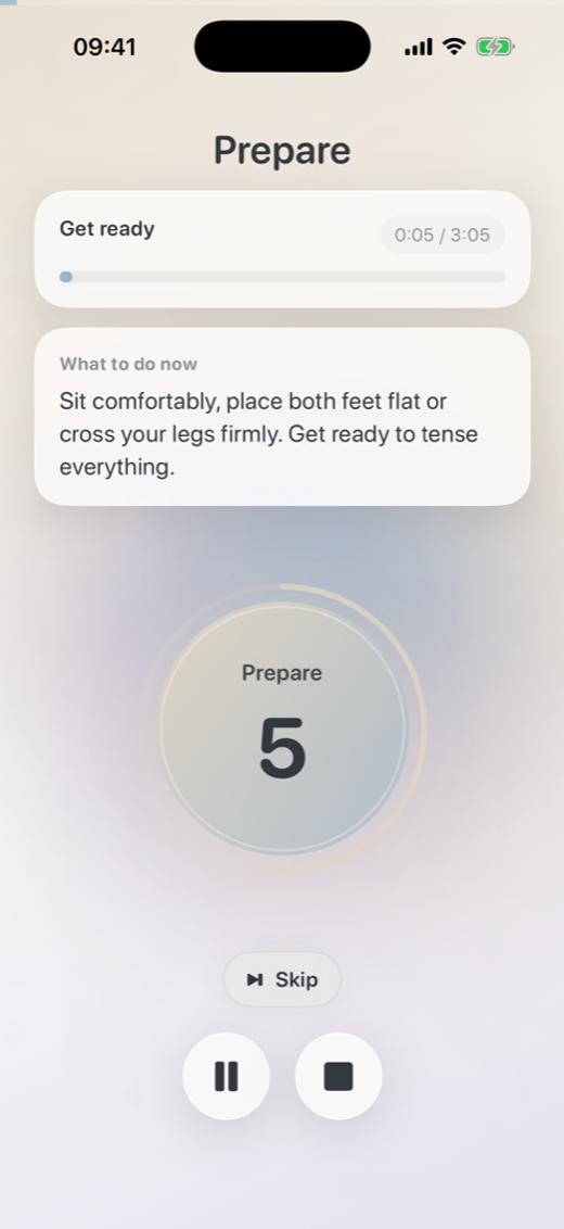 Prepare screen of the Oever app during an Applied Tension session.