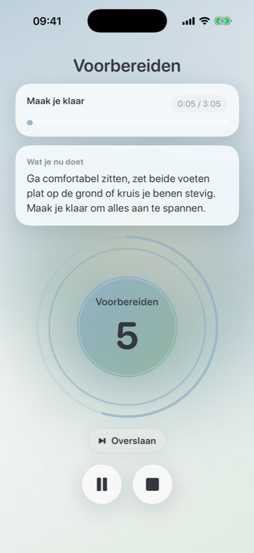Voorbereiden scherm van de Oever app tijdens een Applied Tension oefening.