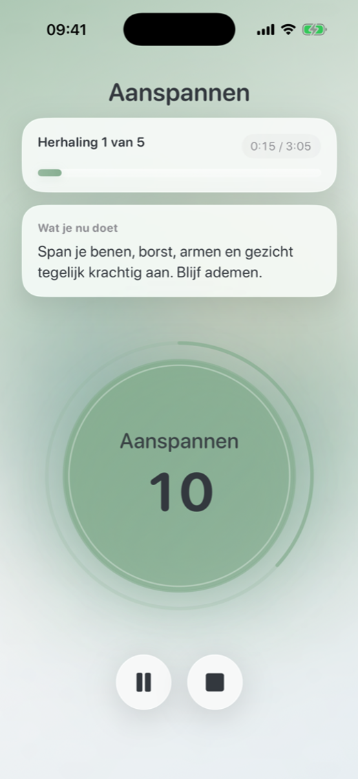 Aanspannen scherm van de Oever app tijdens een Applied Tension oefening.
