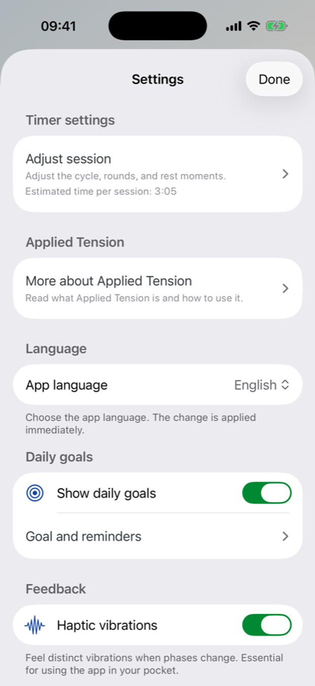 Timer settings screen in the Oever app with preparation, tension, recovery and rounds.