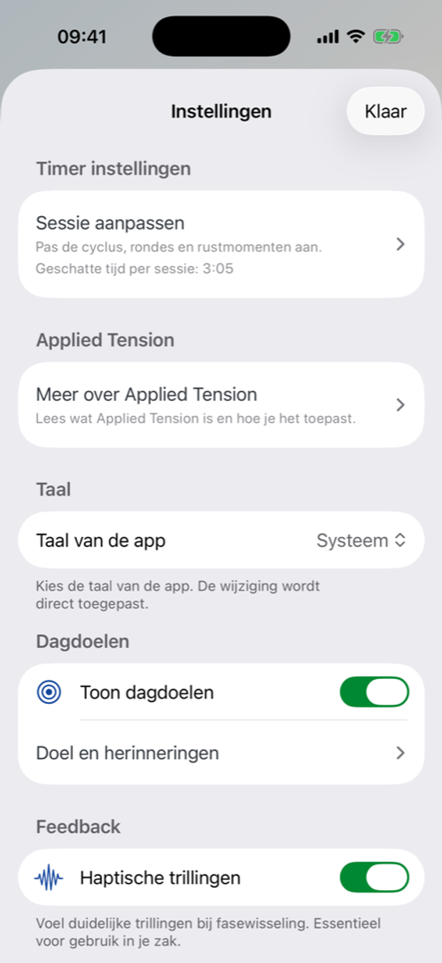 Timer instellingen van de Oever app.